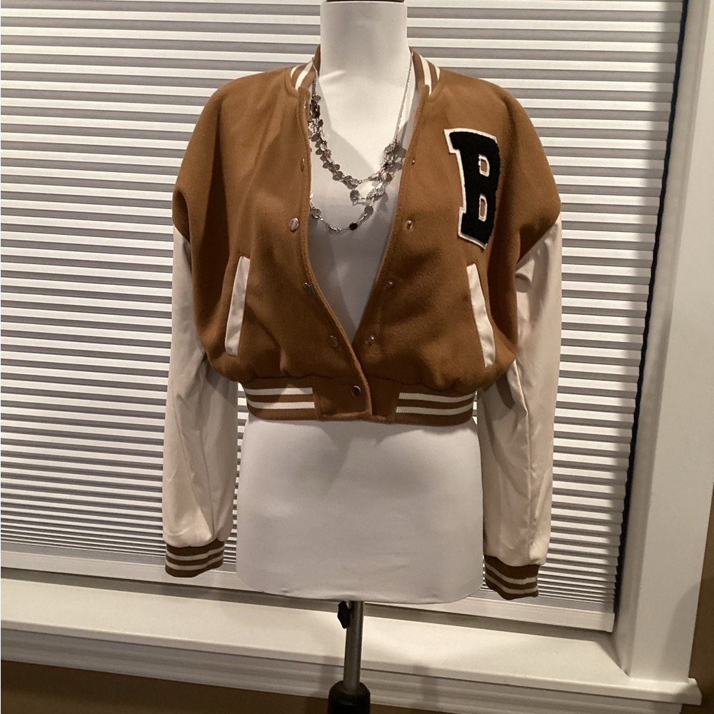 Love Tree Tan and Cream Varsity Jacket